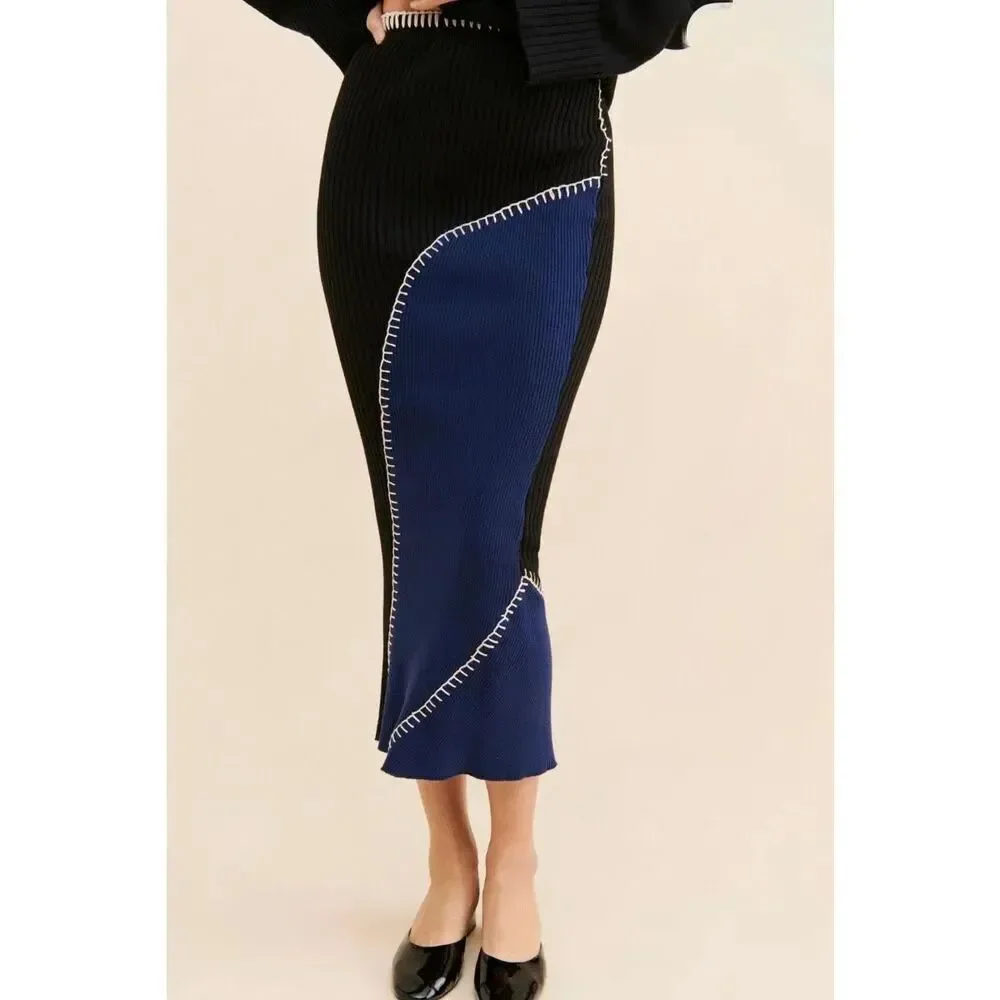 Another Girl Size M Ribbed Knit Midi Skirt midi Black Blue Colorblock Contrast S